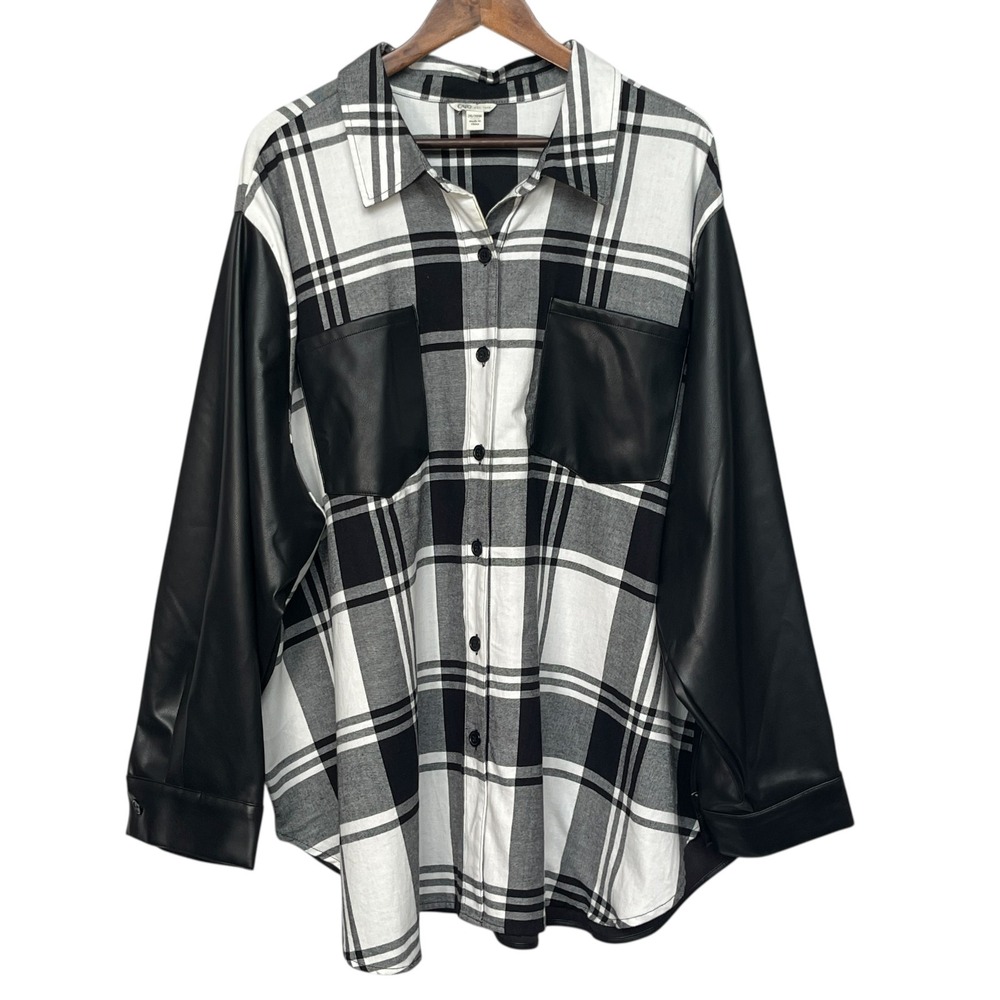 Cato Shacket Women Size 26/28W Black Plaid Faux Leather Long Sleeve Shirt Jacket